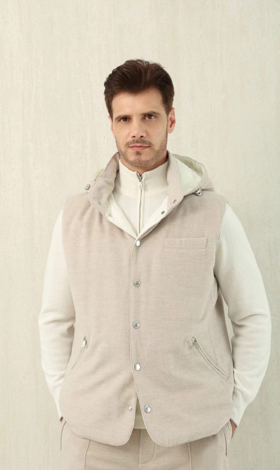 Brunello Cucinelli Men's Spring/Autumn Detachable Hooded Solid Color Single-Breasted Bonded Wool Flannel Down Vest Ngvp #2293