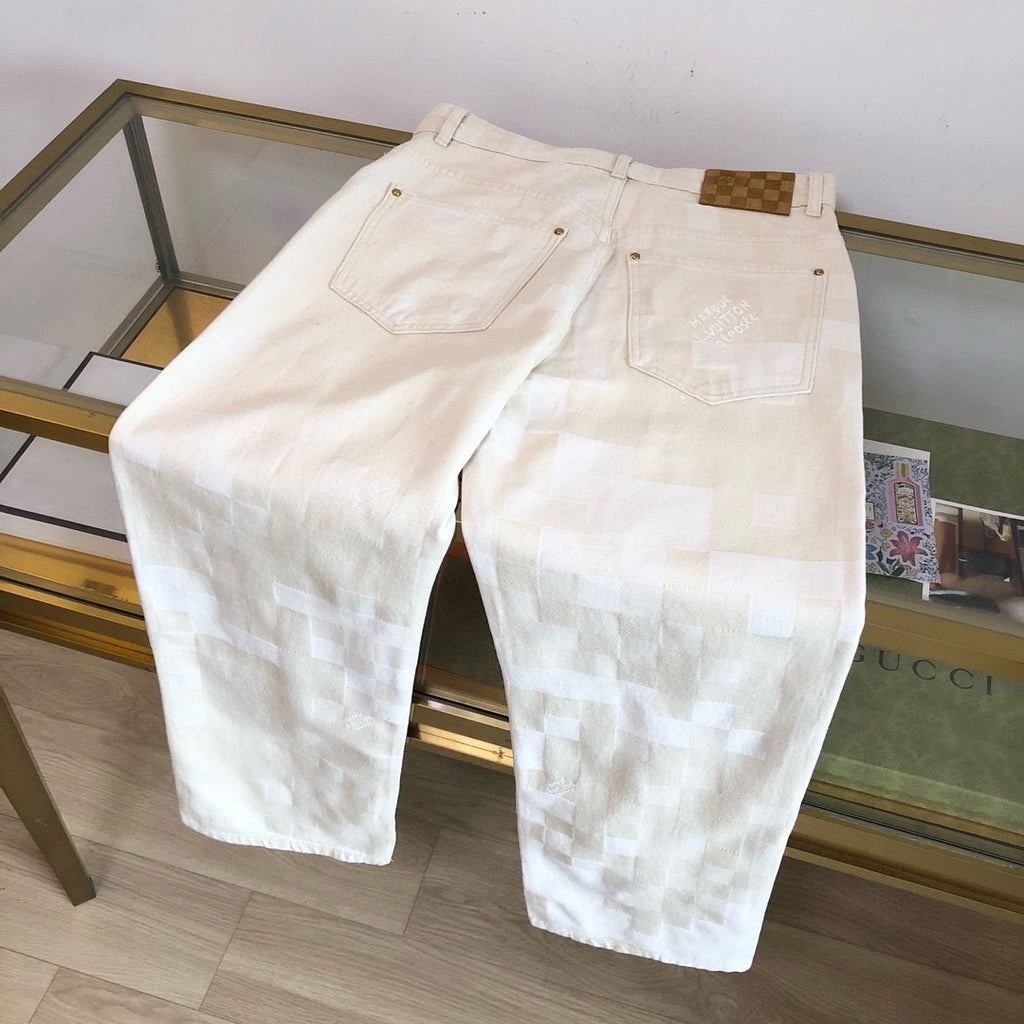 Louis Vuitton Men's Spring Summer Beige Plaid Jacquard Mid-Rise Straight Leg Jeans Pants #99881