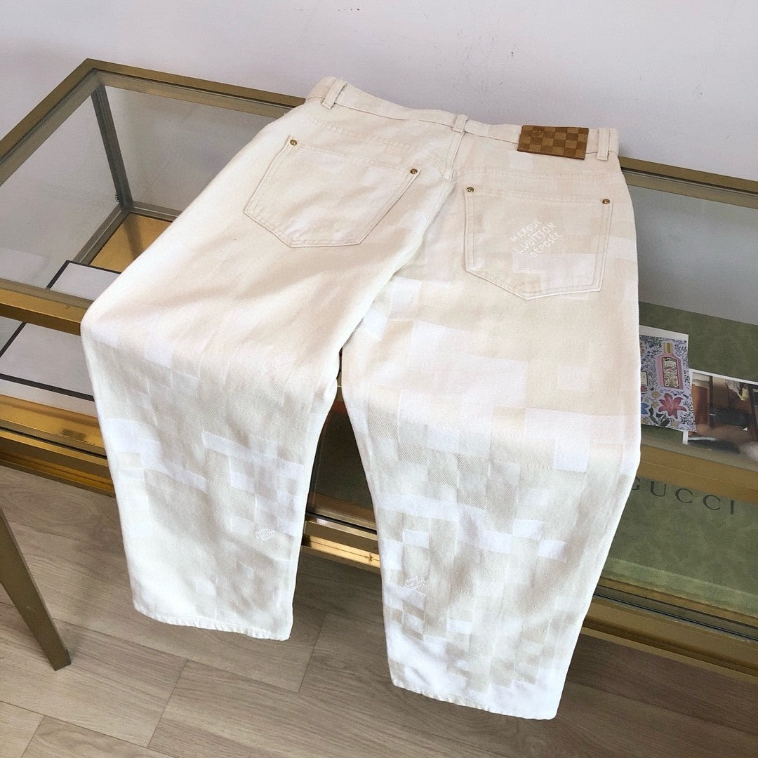 Louis Vuitton Men's Spring Summer Beige Plaid Jacquard Mid-Rise Straight Leg Jeans Pants #99881