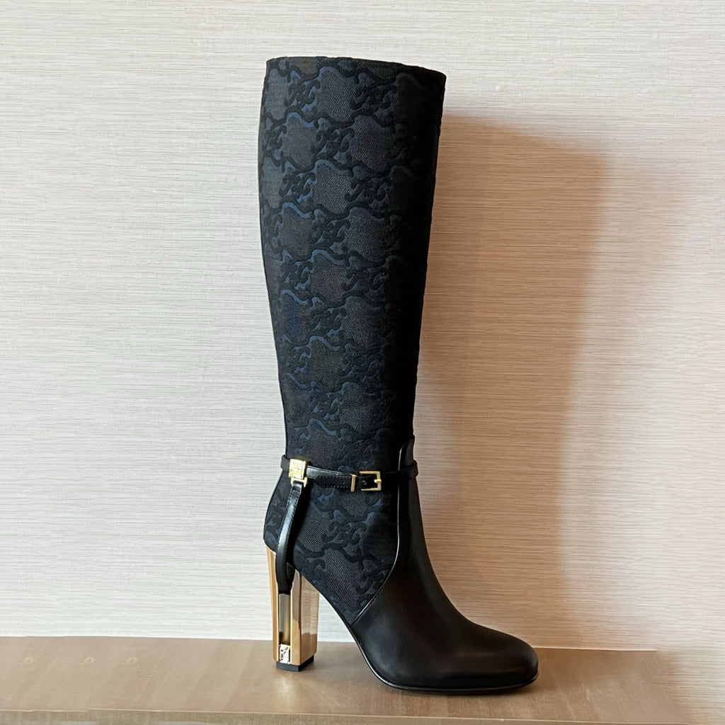 Fendi Women's Fall/Winter Fashion Classic Round Toe Leather FF Jacquard Fabric High Heel Knee High Boots Shoes #79223