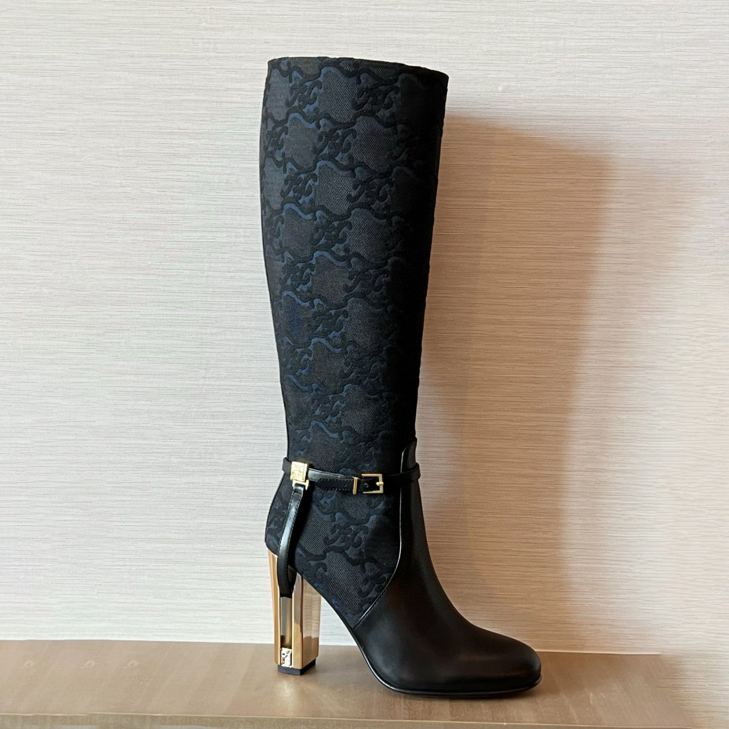 Fendi Women's Fall/Winter Fashion Classic Round Toe Leather FF Jacquard Fabric High Heel Knee High Boots Shoes #79223