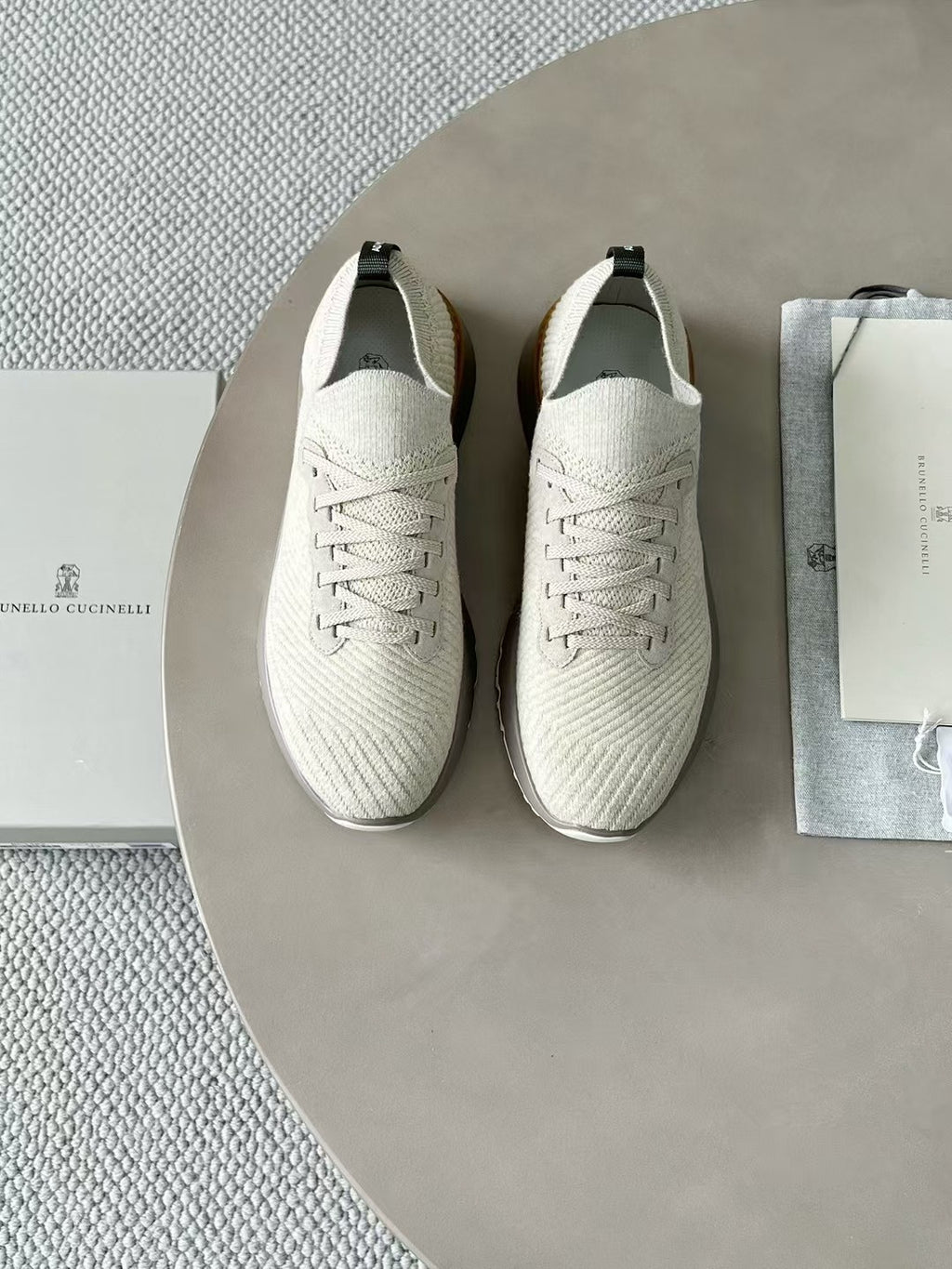 Brunello Cucinelli  Men's Spring Autumn Knitted Cotton Fabric Patchwork Semi-Polished Calfskin Sneakers Fashion Comfort Sports Running Shoes #81233