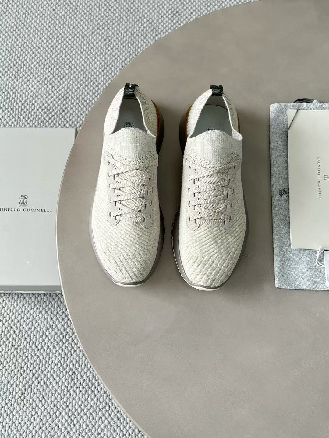 Brunello Cucinelli  Men's Spring Autumn Knitted Cotton Fabric Patchwork Semi-Polished Calfskin Sneakers Fashion Comfort Sports Running Shoes #81233