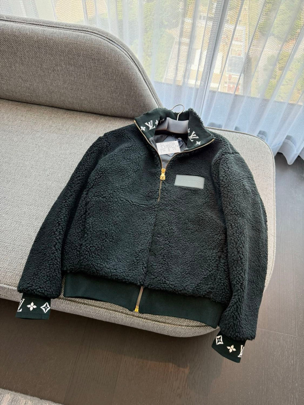 Louis Vuitton Women's and Men's Dark Green Suede Leather Label Teddy Velvet Suede Belted Jacket With Leather Patches #332529