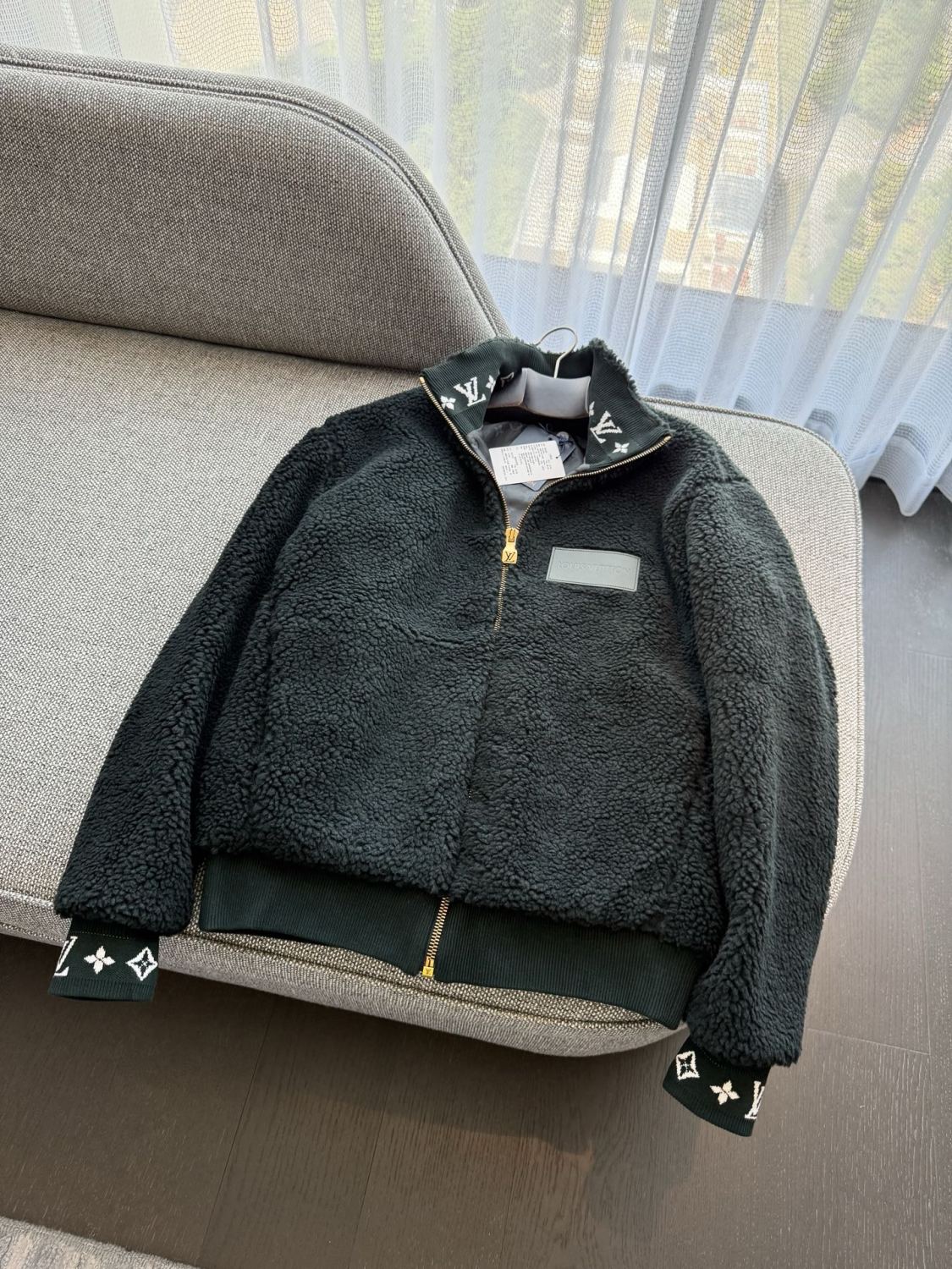 Louis Vuitton Women's and Men's Dark Green Suede Leather Label Teddy Velvet Suede Belted Jacket With Leather Patches #332529