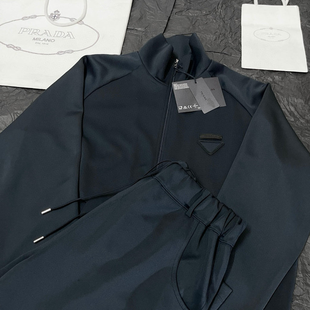 Prada Men's Spring/Fall Fashion Casual Solid Color Stand Up Collar Zipper Fabric Jacket  Solid-Color Elastic Waist Casual Suit Pants Suit Set #78677