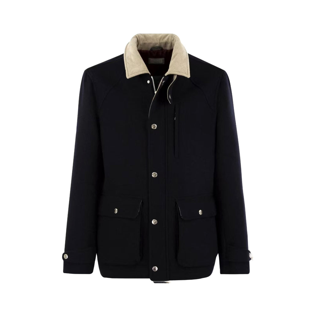 Brunello Cucinelli Men's Fall/Winter Fashion Show Reversible Collar Zipper Hunting Style Vintage Business Casual Wool Twill Coat Jacket #79494