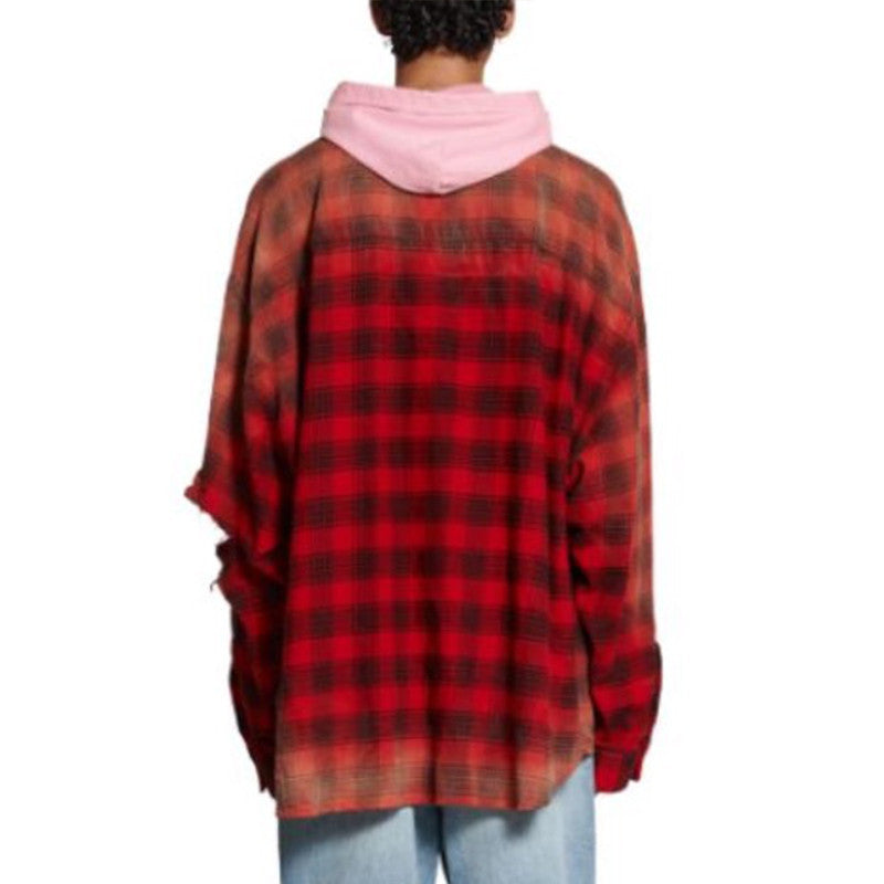 Balenciaga Men's Spring And Summer Fashion Trend Color Blocking Plaid Buttons Hooded Long-sleeved Shirt Loose Casual Ngvp #7448