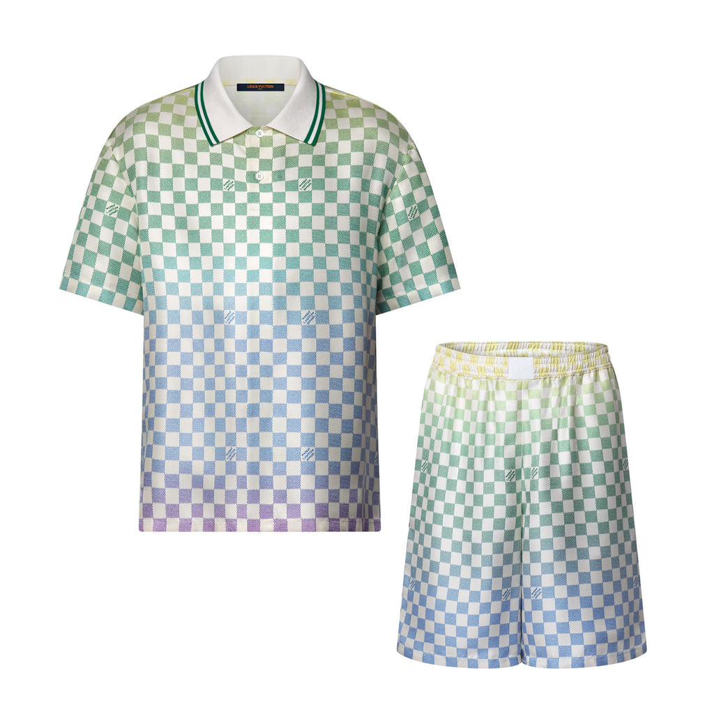 Louis Vuitton Men's Summer Colourful Letter Print Single Breasted Short Sleeve Shirt Casual Shorts Suit Set #76632