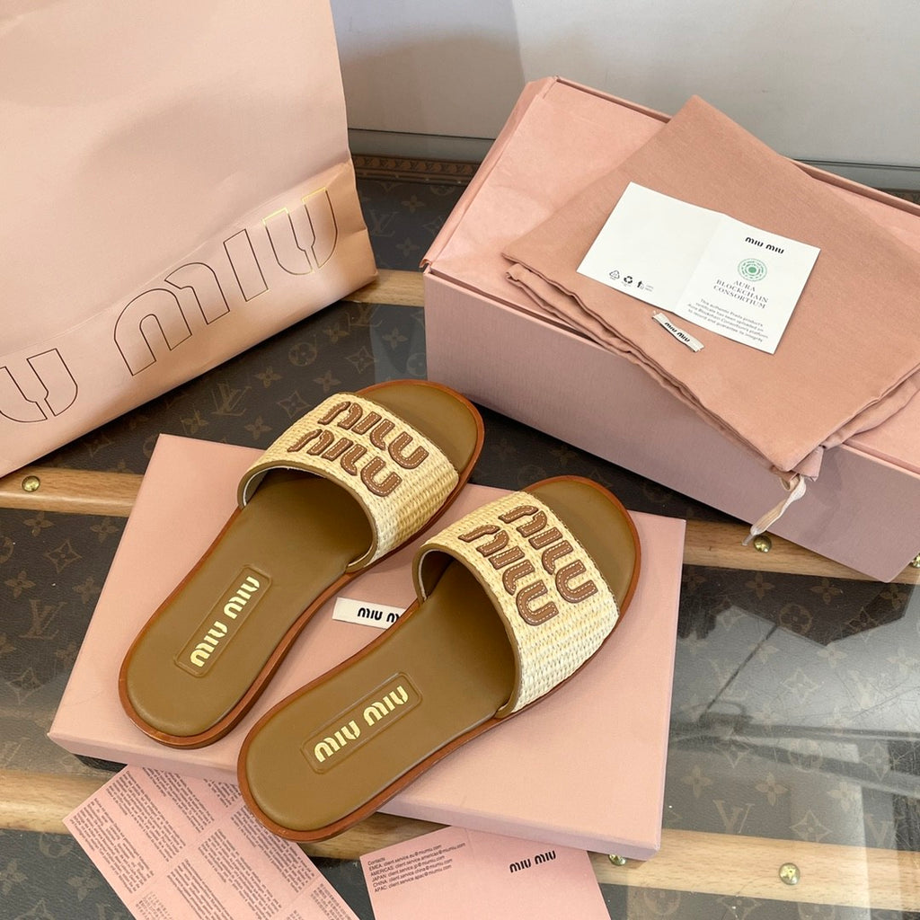 MiuMiu Women's Spring/Summer/Fall Logo Raffia Woven Leather Flat Sandals Casual Slippers Shoes #81553