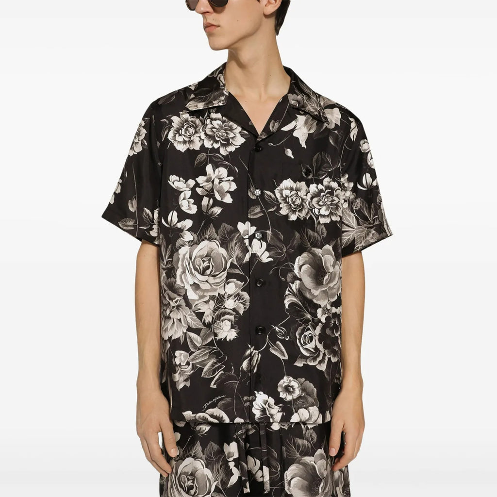 Dolce&Gabbana Men's Spring And Summer Floral Print Silk Shirt Shorts Suit Set Lapel Single-Breasted Short-Sleeved Shirt Top Straight Comfortable Casual Shorts Ngvp #1485