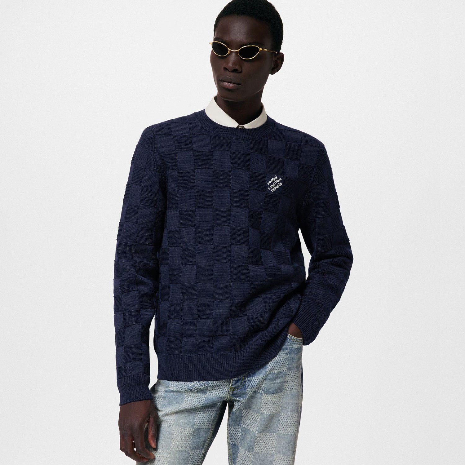 Louis Vuitton Men's Spring and Autumn Solid Color Check Printed Wool Round Neck Long Sleeve Knitted Sweater #74211
