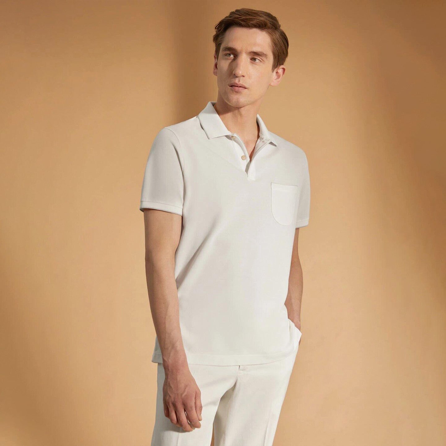 Loro Piana Men's Summer Chest But Pocket Design Solid Color Cotton Short Sleeve Fitted Regatta Polo Shirt Ngvp #8517