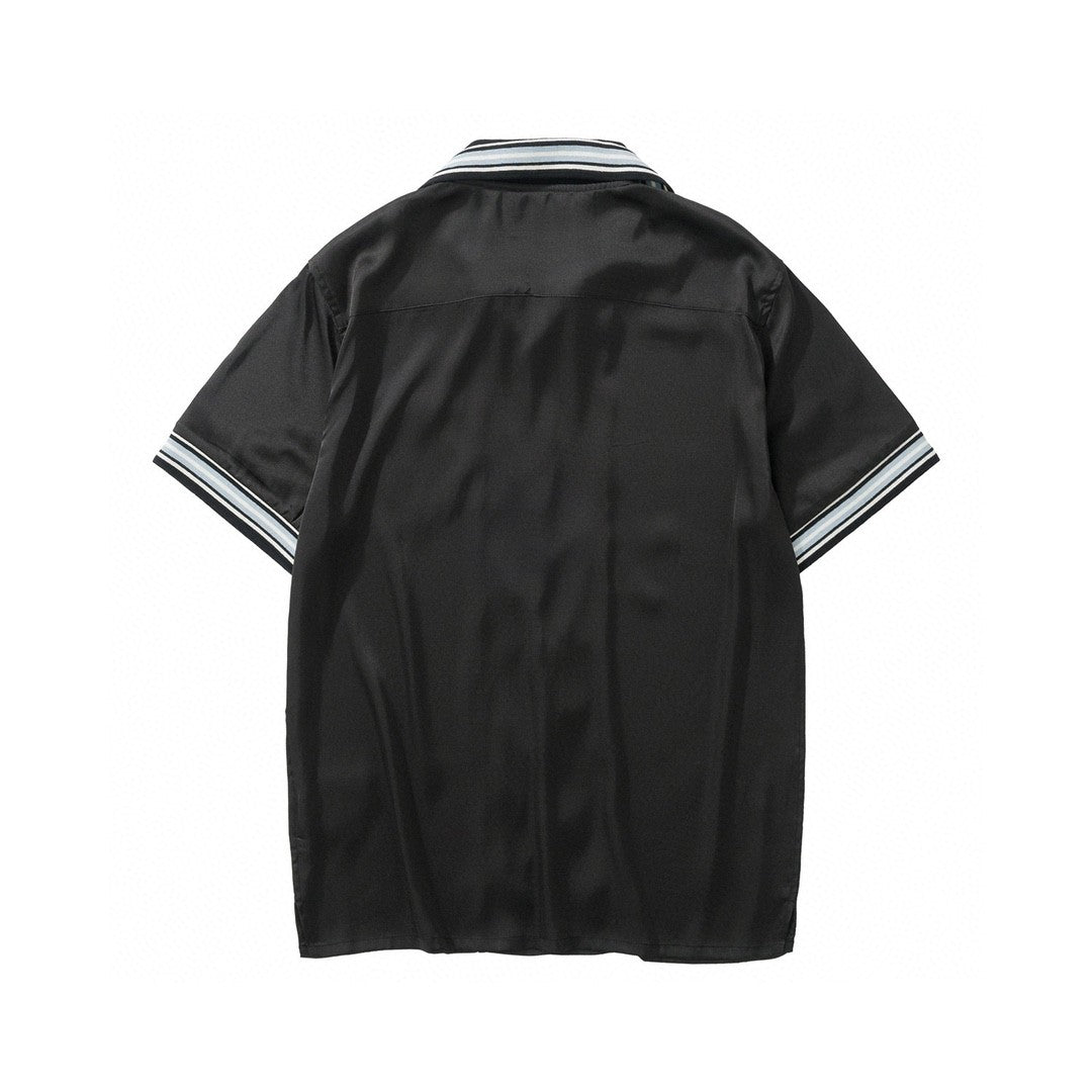 Prada Men's Summer Black Striped Letter Logo Printed Single Breasted Short Sleeve Shirt #99621