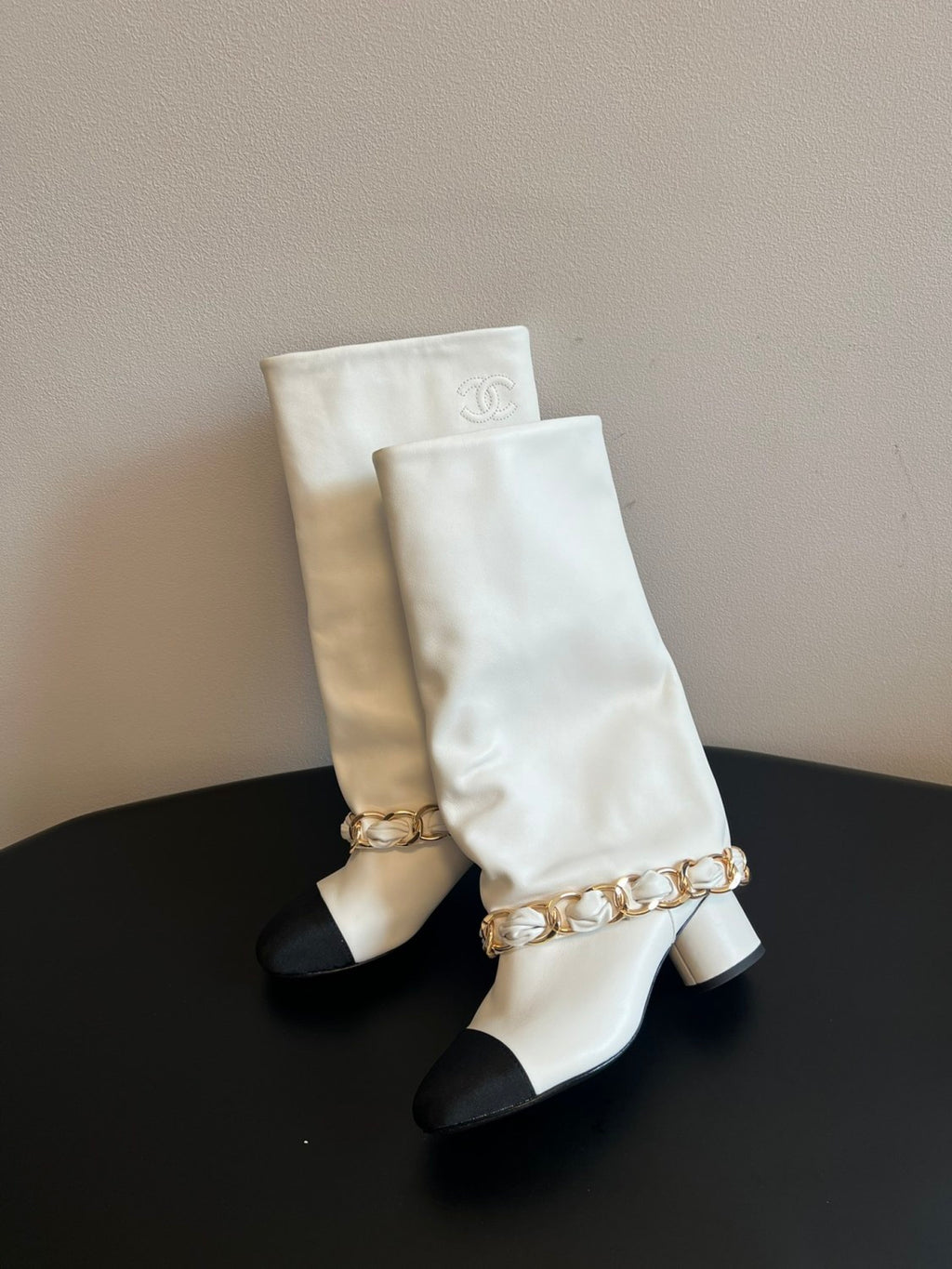 Chanel Women's Solid Color Round Toe Leather High Top Riding Boots Shoes #77819