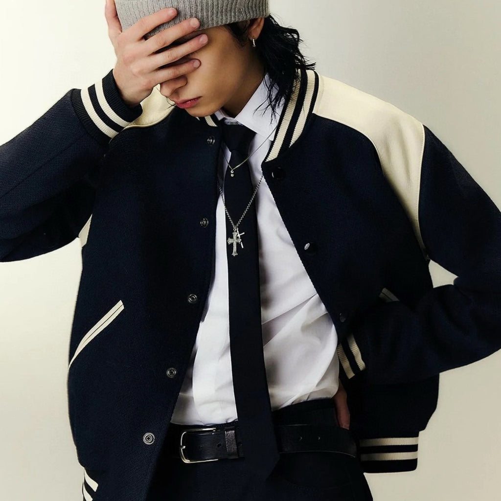 Celine Men's Autumn And Winter Black And White Color Blocking Stripe Single Breasted Leather Jacket Casual Baseball Clothing Ngvp #7978