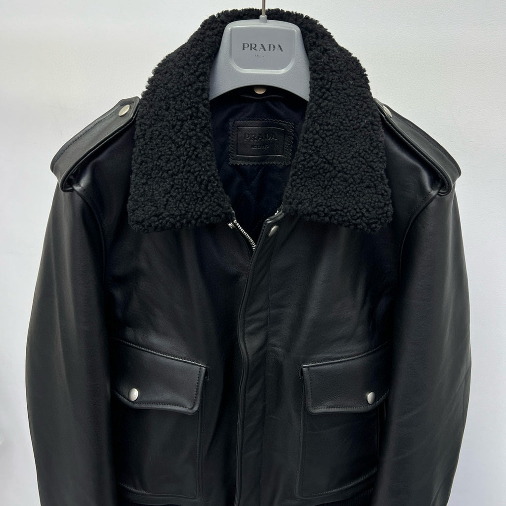 Prada Men's Autumn Winter Black Hair Collar Zip Leather Long Sleeve Jacket #99477