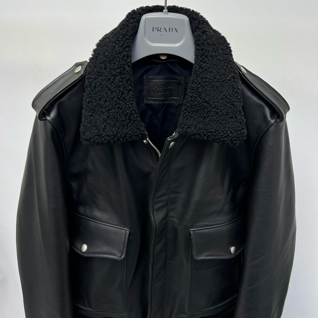 Prada Men's Autumn Winter Black Hair Collar Zip Leather Long Sleeve Jacket #99477