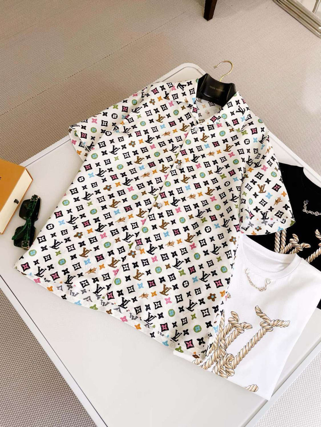 Louis Vuitton Men's Summer Logo Full Print Single Breasted Silk Short Sleeve Shirt #99595