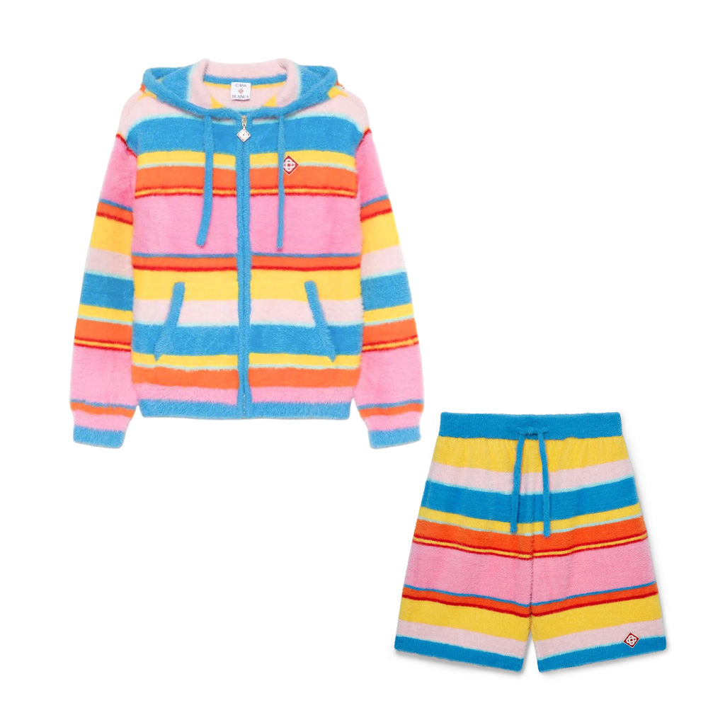 Casablanca Men's and Women's Spring/Autumn Color-block Striped Hooded Zipper Long-sleeved Jacket and Casual Drawstring Shorts Set Suit #77329