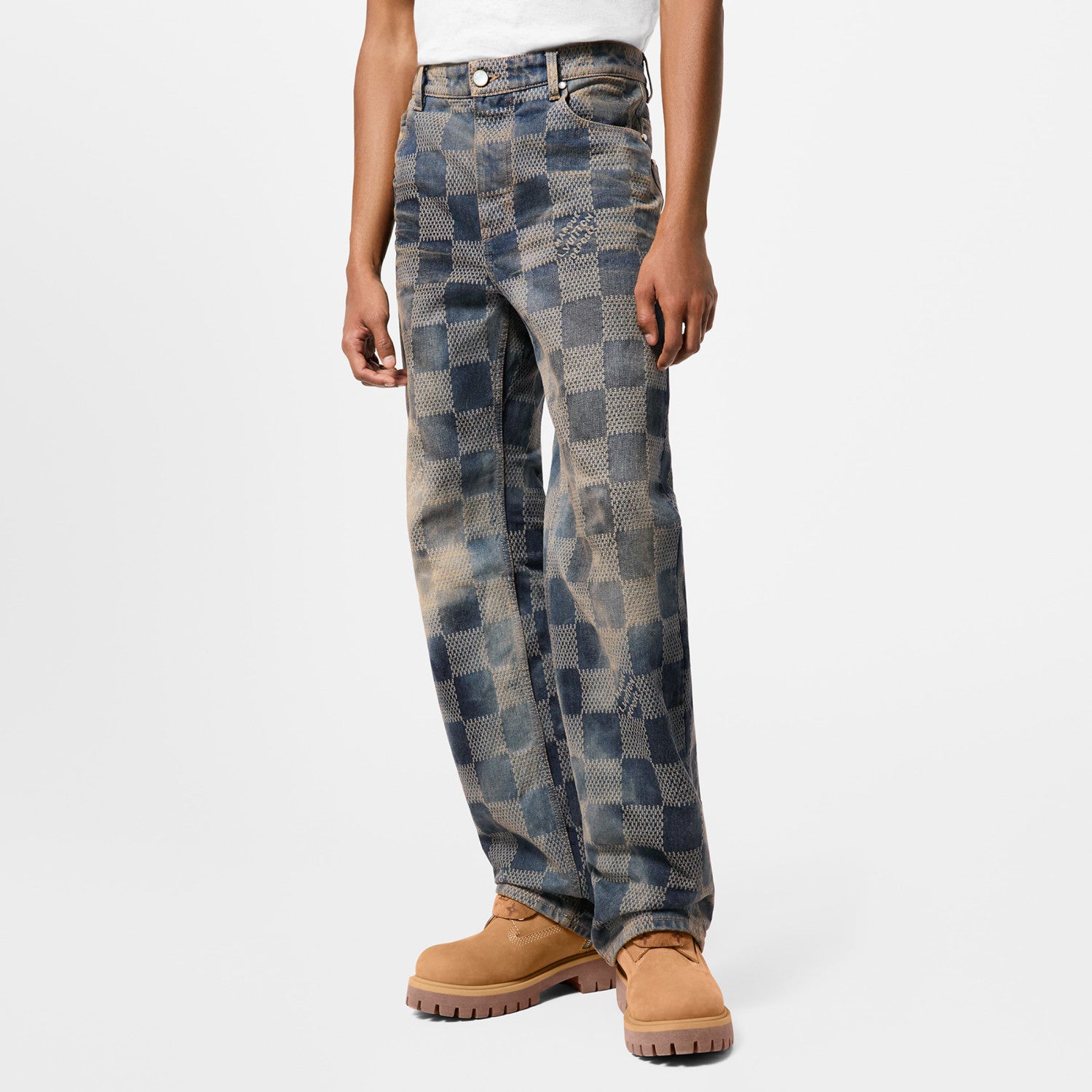 Louis Vuitton Men's Damier Washed Skateboarding Jeans Spring And Autumn Checkerboard Check Vintage Old Denim Trousers Straight Wide-leg Pants #71847
