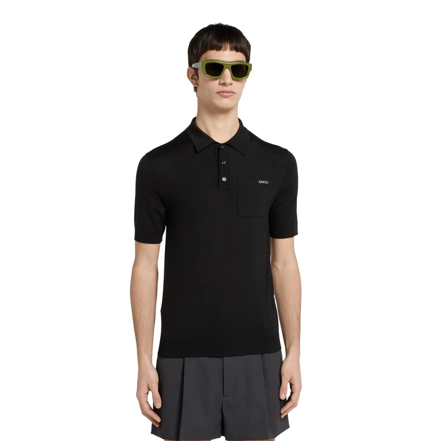 Gucci Men's Summer Letter Jacquard Wool Solid Color Knit Short Sleeve Polo Shirt #75999