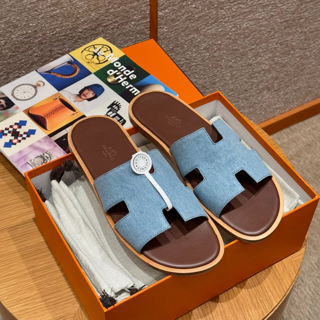Hermes  Men's Summer Izmir Sandals Embroidered Leather Cowboy Round Toe Flat Casual Slippers Shoes #81317