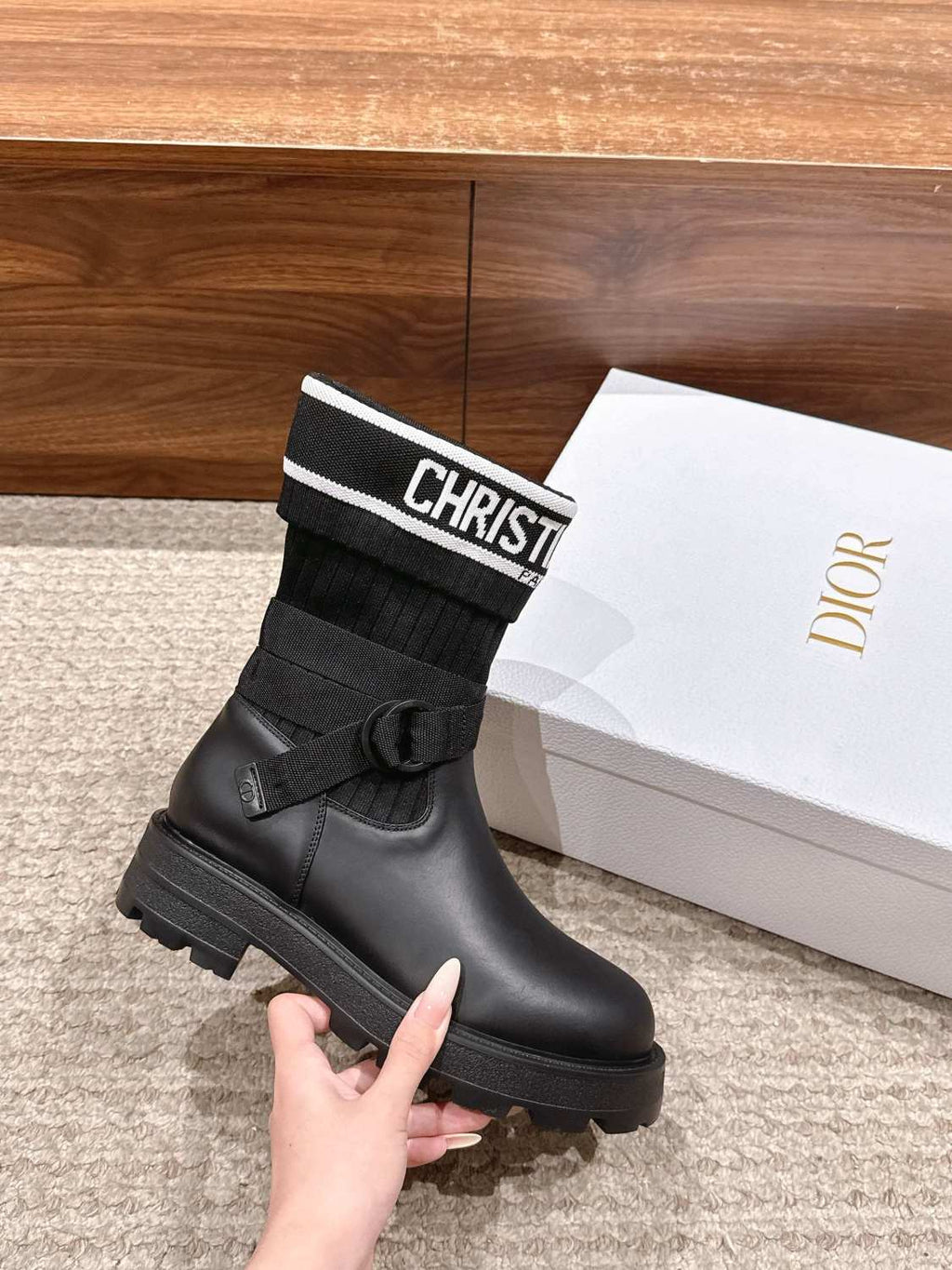 Dior Women's D-Major Ankle Boots Black Calf Leather With Black And White Technical Jersey #332813