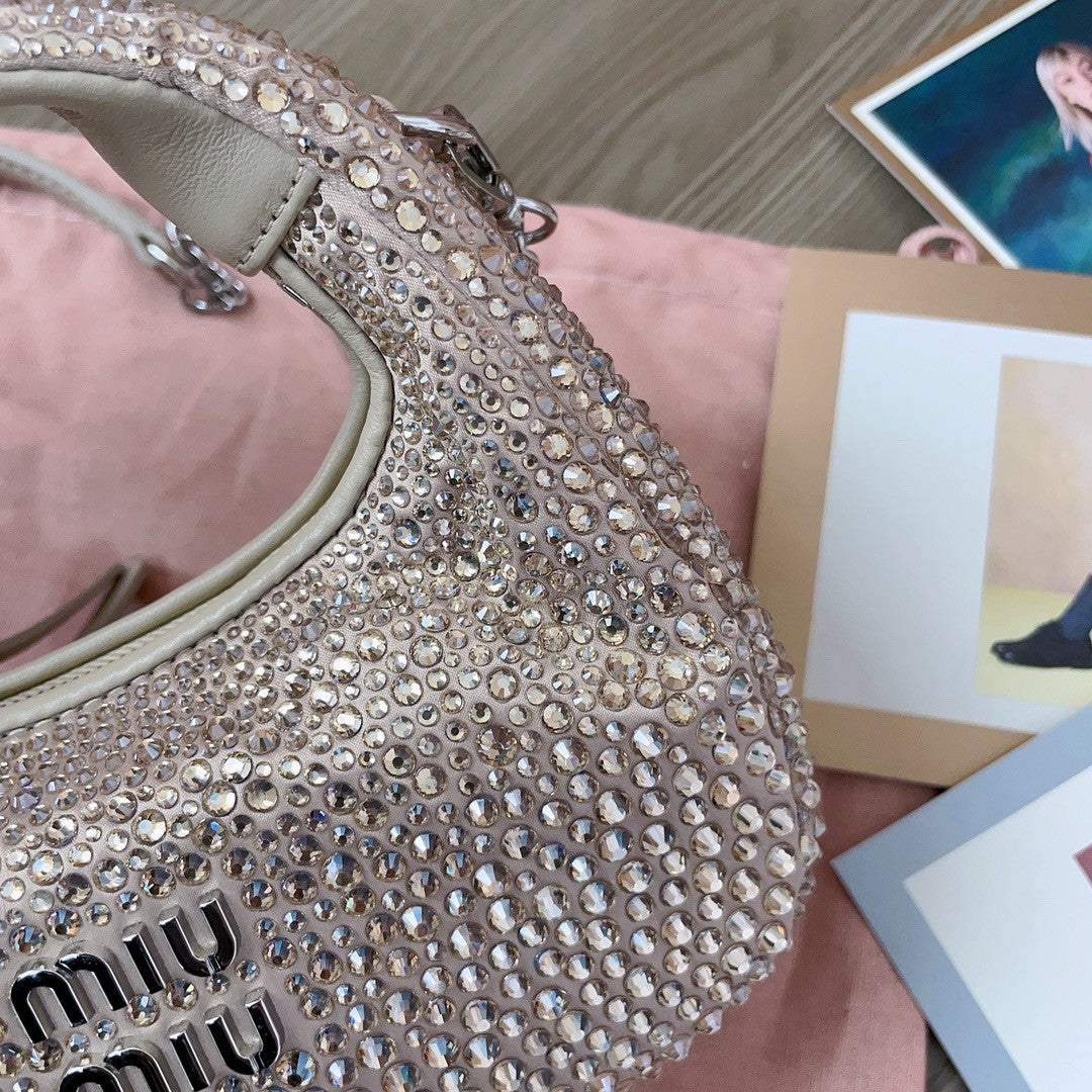 MiuMiu Wander Women's Metal Engraved Logo Detachable Chain Shoulder Strap Faux Crystal Embellished Shoulder Slanting Handbag Bag Bags #76744
