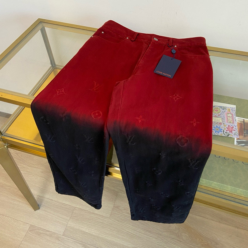 Louis Vuitton Men's Fall/Winter Black and Red Gradient Embroidered Logo Patterns Straight Leg Jeans Pants #98169