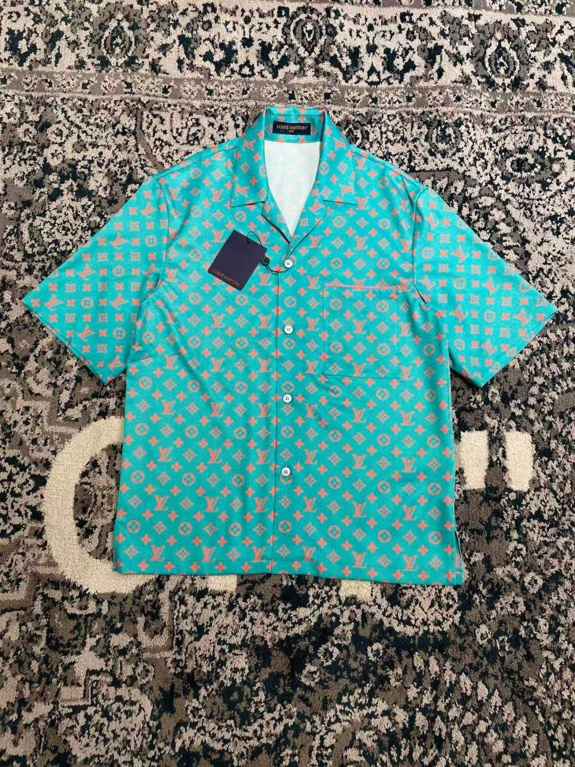 Louis Vuitton Men's Summer Solid Color Letter Print V-Neck Single Button Short Sleeve Shirt and Casual Drawstring Shorts Set Suit #77244