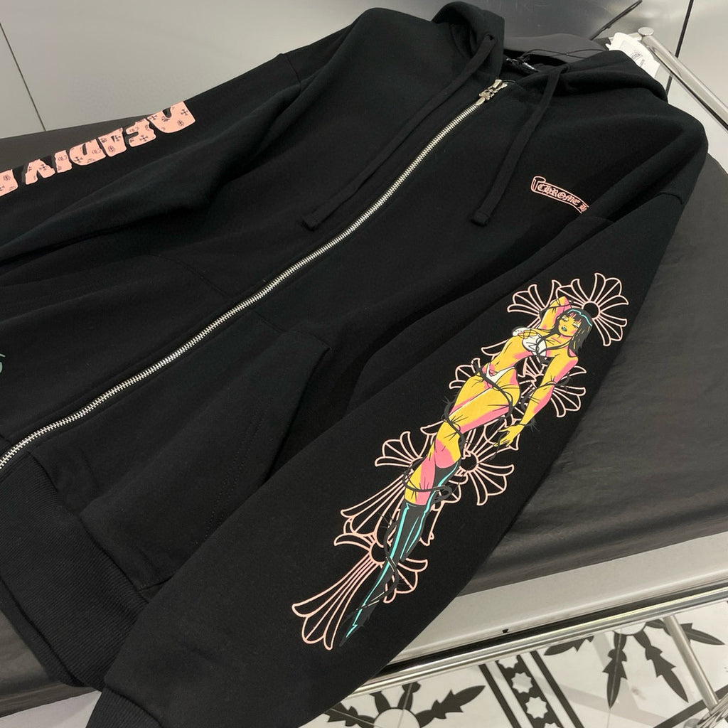 Chrome Hearts Men's And Women's Fall/Winter Fan Cross Graffiti Print Black Hooded Zipper Jacket Knit Vest Stretch Sweatpants Pants Set Suit #98138