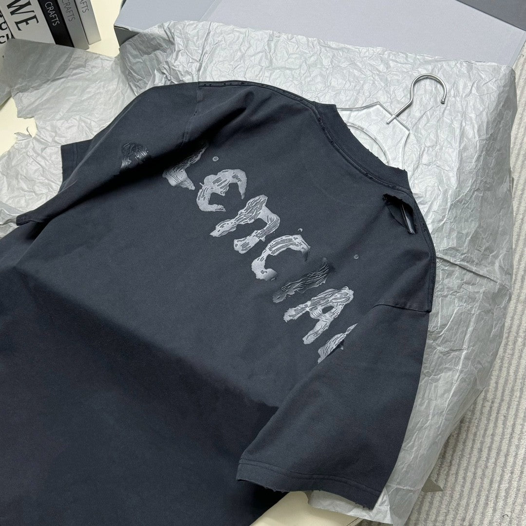 Balenciaga Women's Summer Painted Faded Washed Black Vintage Plain Knit Regular Fit Short Sleeve T-Shirt #74871