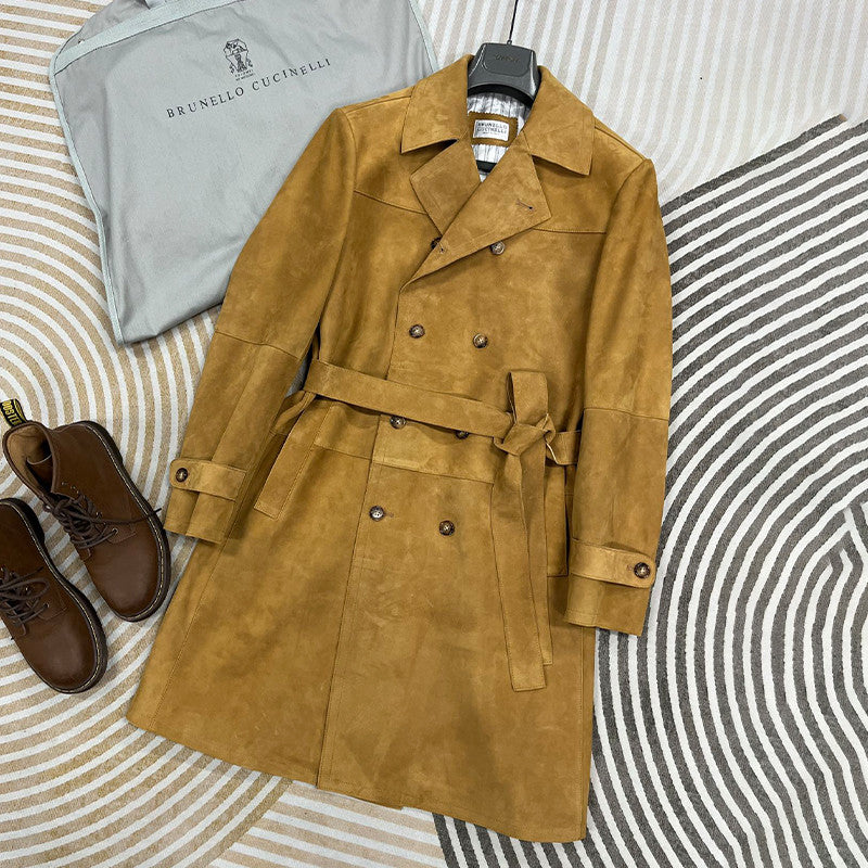 Brunello Cucinelli Men's Women's Autumn And Winter Leather Trench Coat Casual Solid Color Lapel Belt Jacket Ngvp #9777