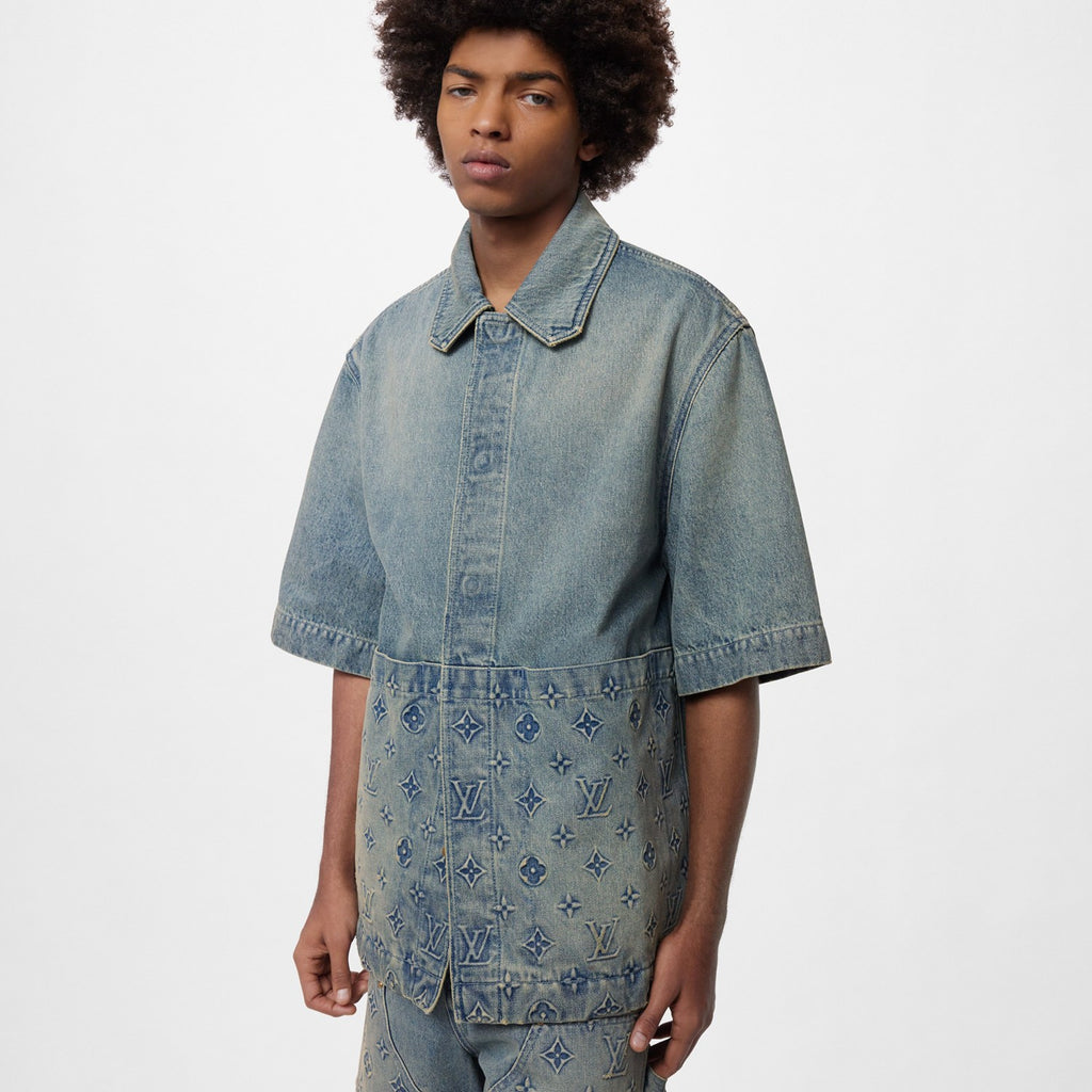 Louis Vuitton Men's Summer Fashion Casual Collared Single Button Classic Embossed Denim Short Sleeve Shirt Classic Print Zipper Mid Rise Workwear Denim Shorts Suit Set #78561