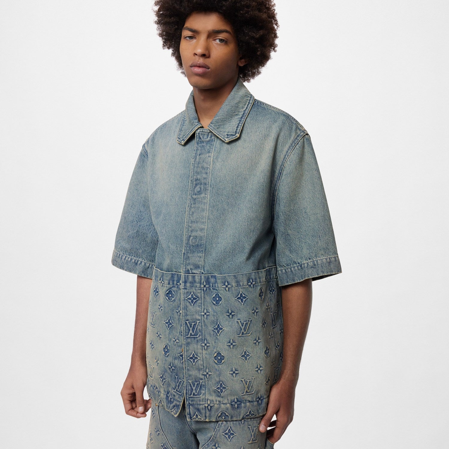 Louis Vuitton Men's Summer Fashion Casual Collared Single Button Classic Embossed Denim Short Sleeve Shirt Classic Print Zipper Mid Rise Workwear Denim Shorts Suit Set #78561