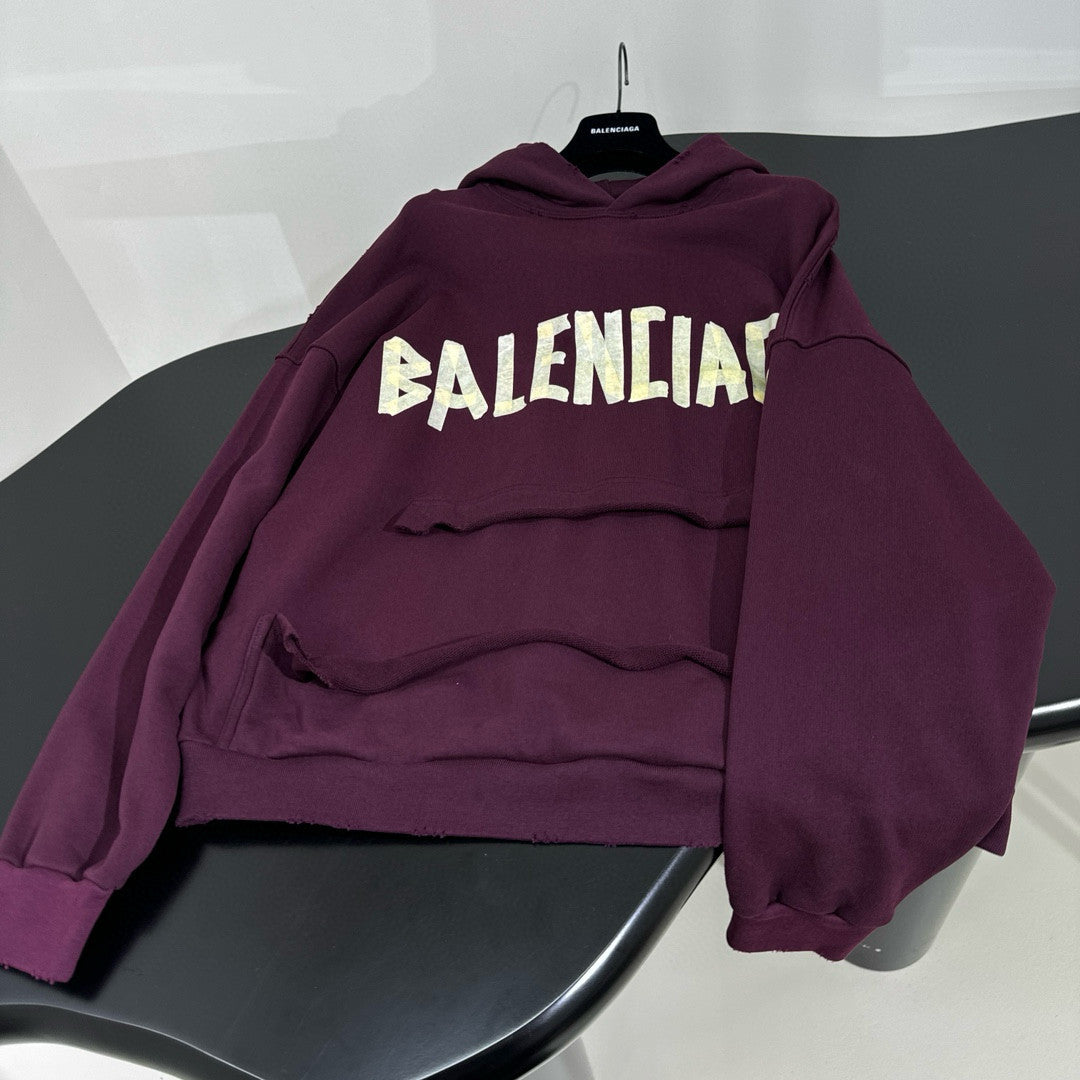Balenciaga Men's Summer Crimson Letter Print Crew Neck Regular Fit Hooded Sweatshirt Pullover #98986