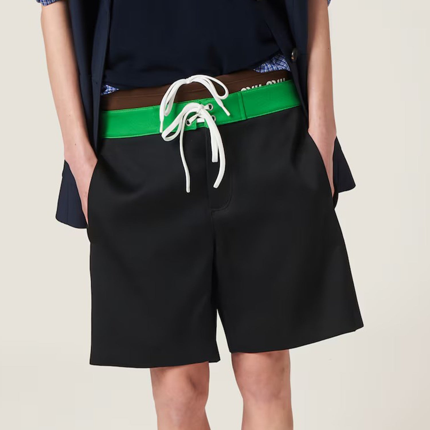 MiuMiu Men's Women's Summer Solid Colour Logo Elastic Drawstring Mid Waist Fitted Satin Bermuda Shorts Ngvp #8171