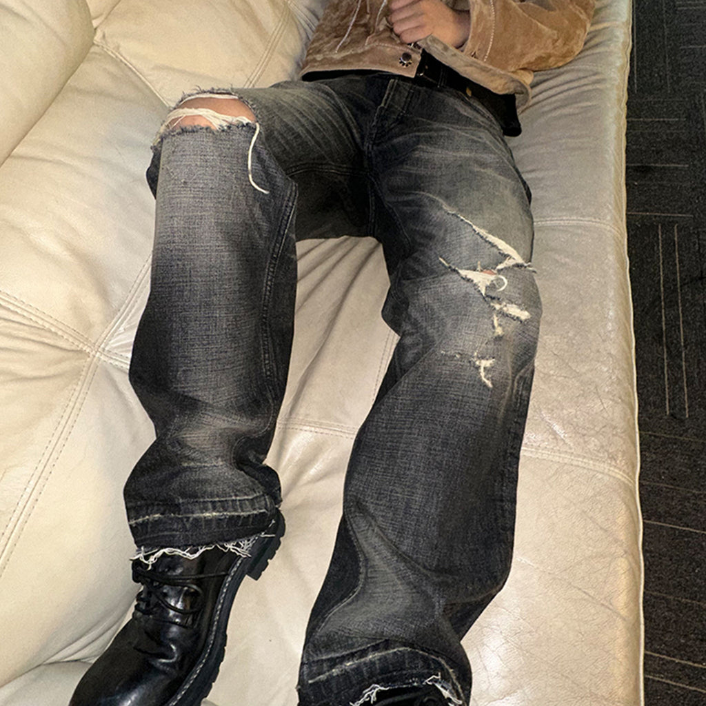 Celine Men's Spring Autumn Dark Style Knife Cut Washed Destroyed Straight Baggy Jeans Loose Denim Pants Straight Trousers  Ngvp#1563