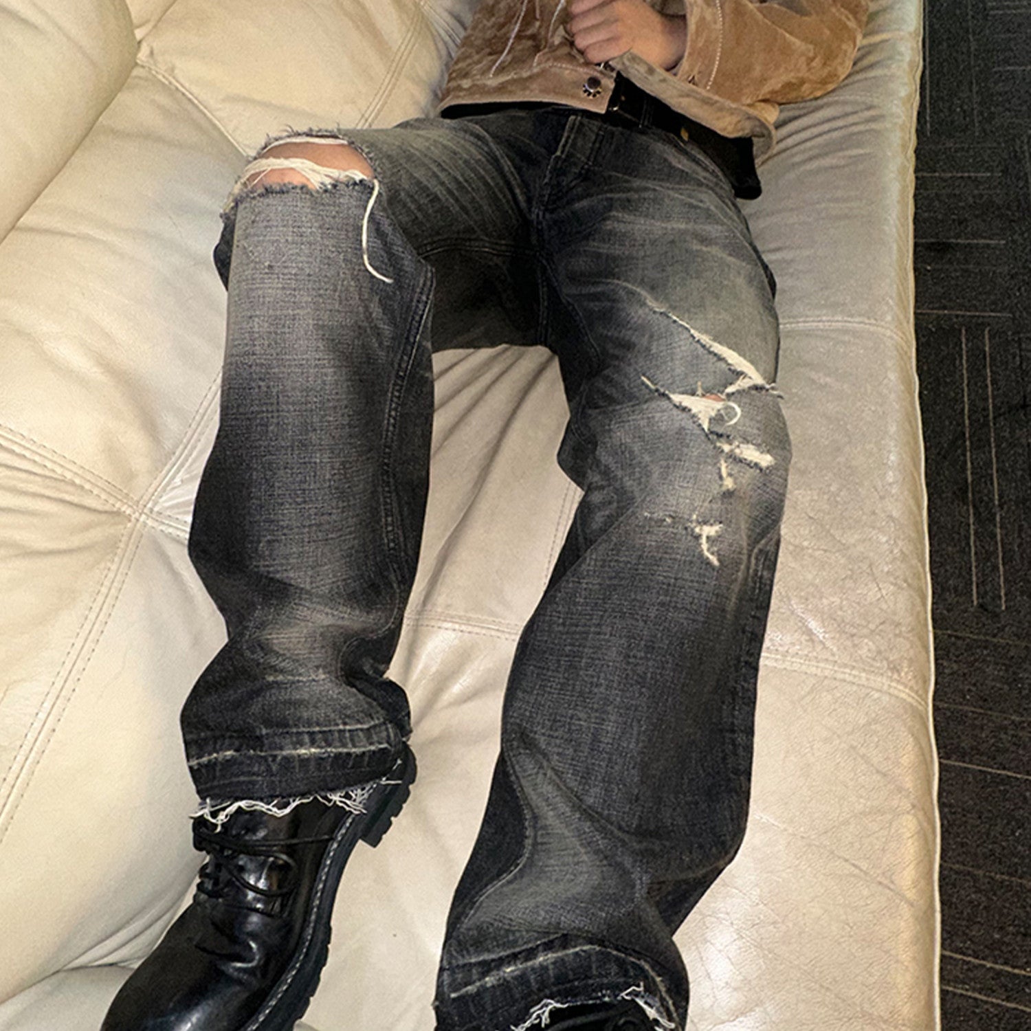 Celine Men's Spring Autumn Dark Style Knife Cut Washed Destroyed Straight Baggy Jeans Loose Denim Pants Straight Trousers  Ngvp#1563
