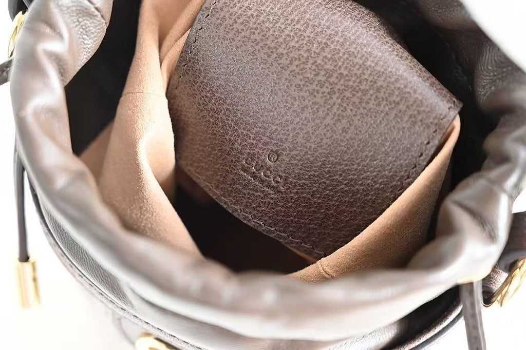 Gucci Ophidia Women's Brown Adjustable Shoulder Strap Drawstring Closure Canvas Spell Leather Bucket Bag Single Shoulder Crossbody Handbag Bags #75549
