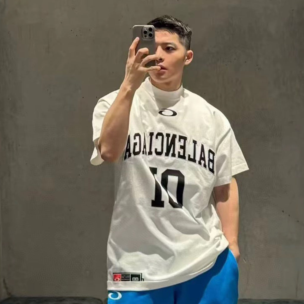 Balenciaga Basketball Series Men's Black And White Retro Plain Knit Silhouette T-shirt 01 Jersey High Street Trendy Short Sleeve Round Neck Loose T-shirt #71857