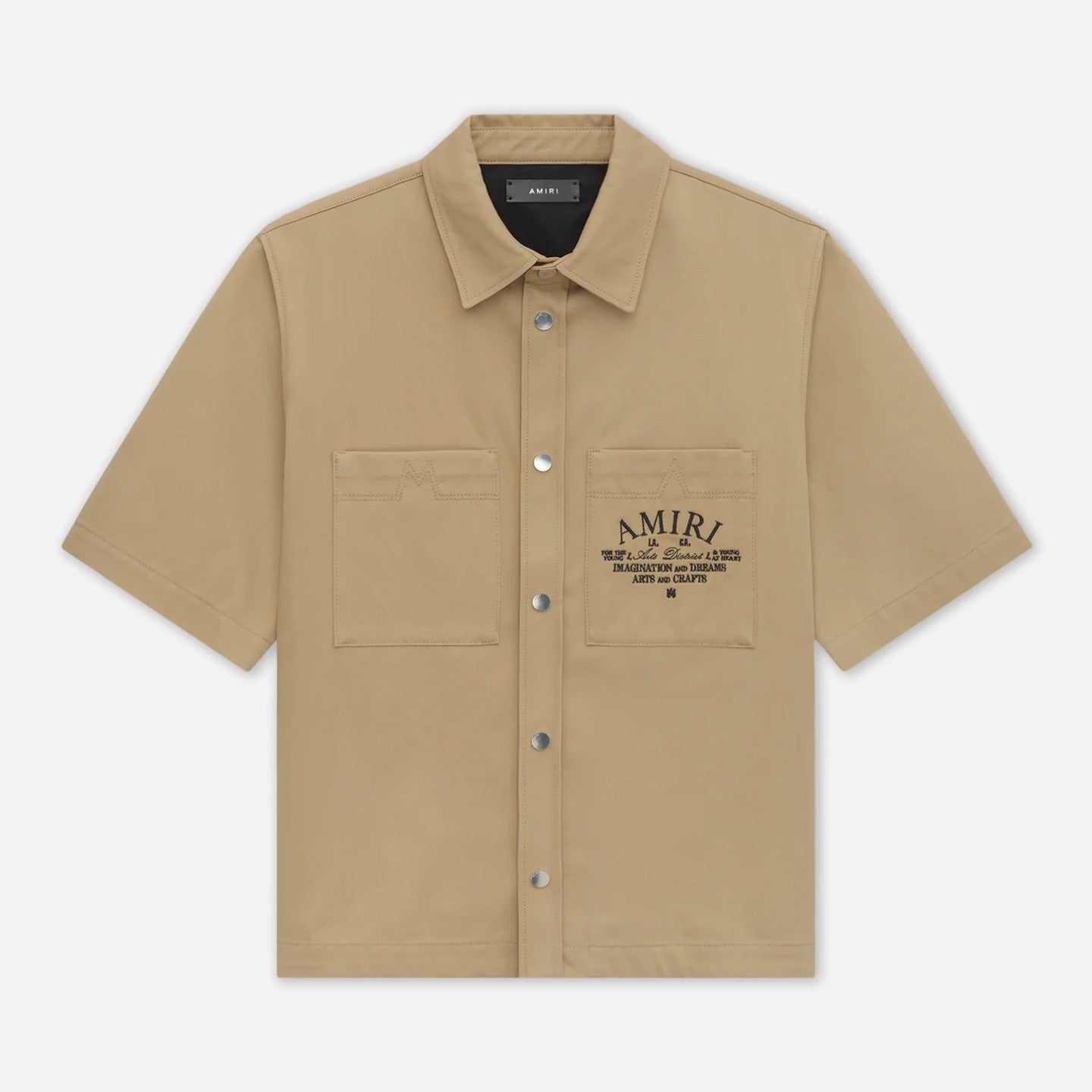 Amiri Men's Arts District Camp Solid Color Logo Embroidered Lapel Single Breasted Short Sleeve Shirt #76214