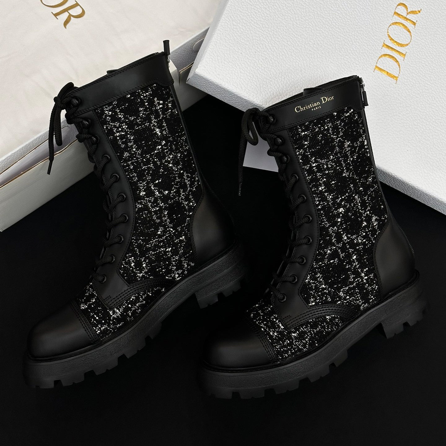 Dior Women's Autumn/Winter Fashion Casual Round Toe Lace Up Leather Light Sole Embroidered Lace Up Martin Boots Shoes #78289