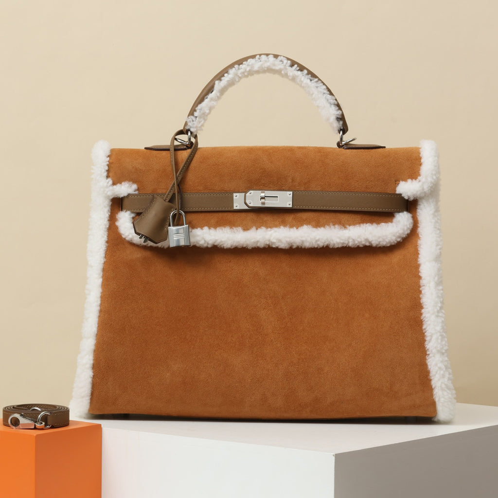 Hermes Kelly Gold Buckle Cowhide KT35 Brown Suede Lamb's Wool Ck37 Golden Brown/3g Chestnut Handbag Crossbody Backpack Bag Bags #81614