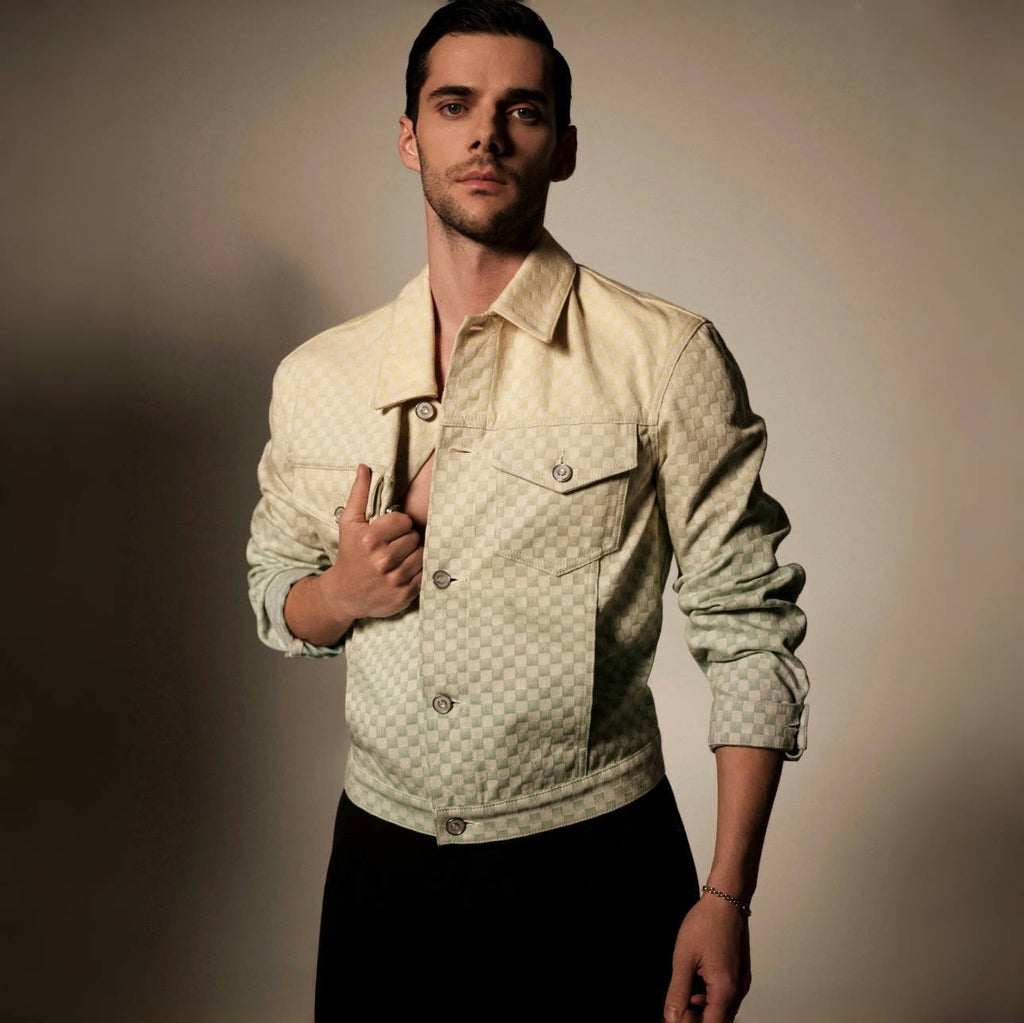 Louis Vuitton Men's Fall/Winter Gradient Checkerboard Print Single Breasted Denim Long Sleeve Jacket #76538