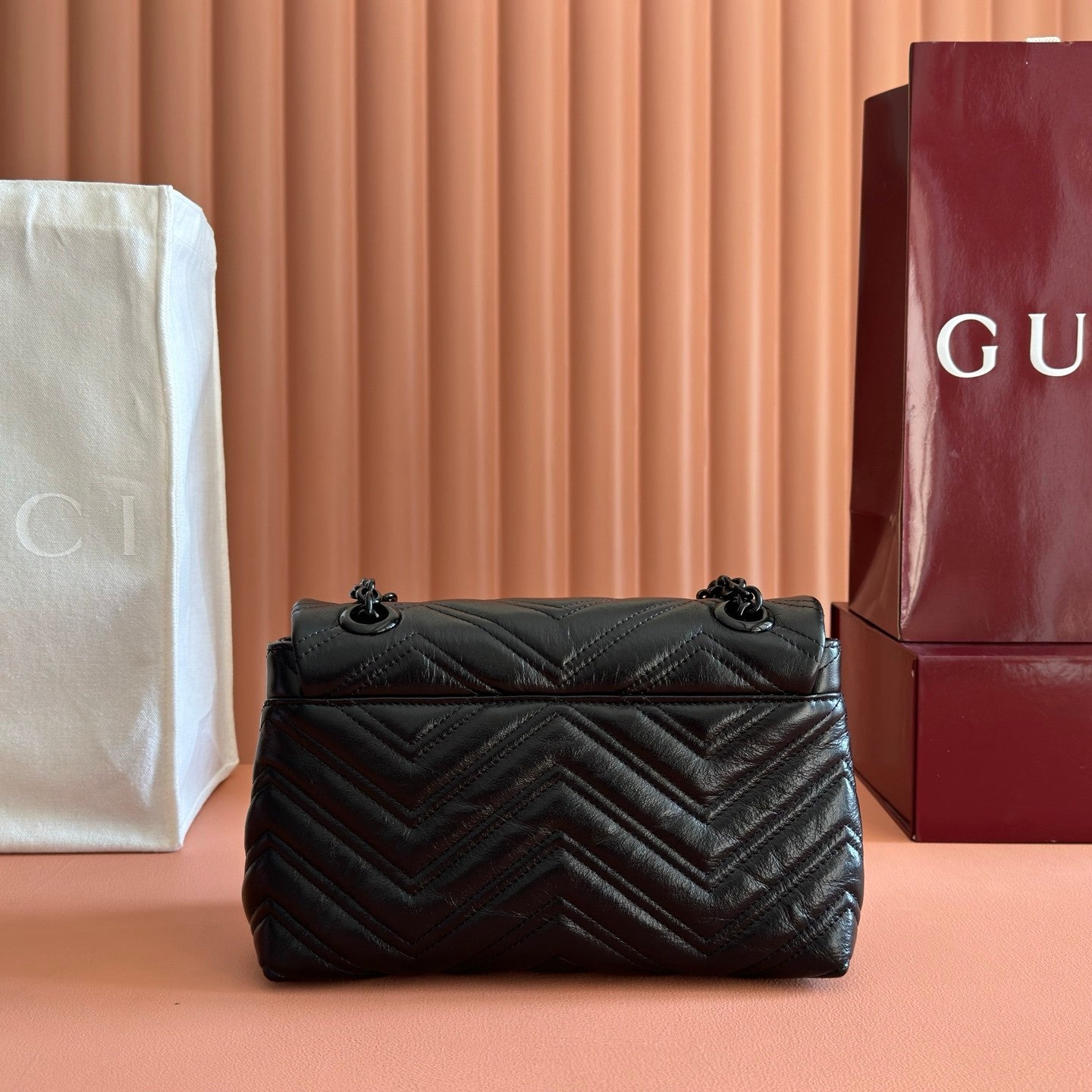 Gucci Gg Marmont Collection Handbag Soft Black Calfskin With Quilted V-shaped Napa Leather Double G Design Bag Bags #196672