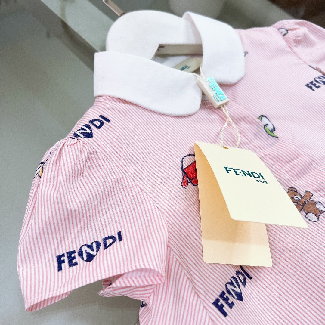 Fendi Kid's Spring And Summer Pink Letter Print Lapel Short-Sleeved Casual Dresses #31256