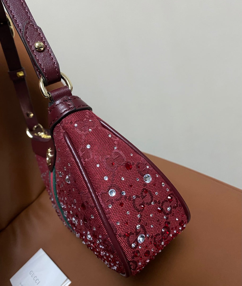 Gucci Ophidia crystals small shoulder bag in Rosso Ancora red GG canvas #335871