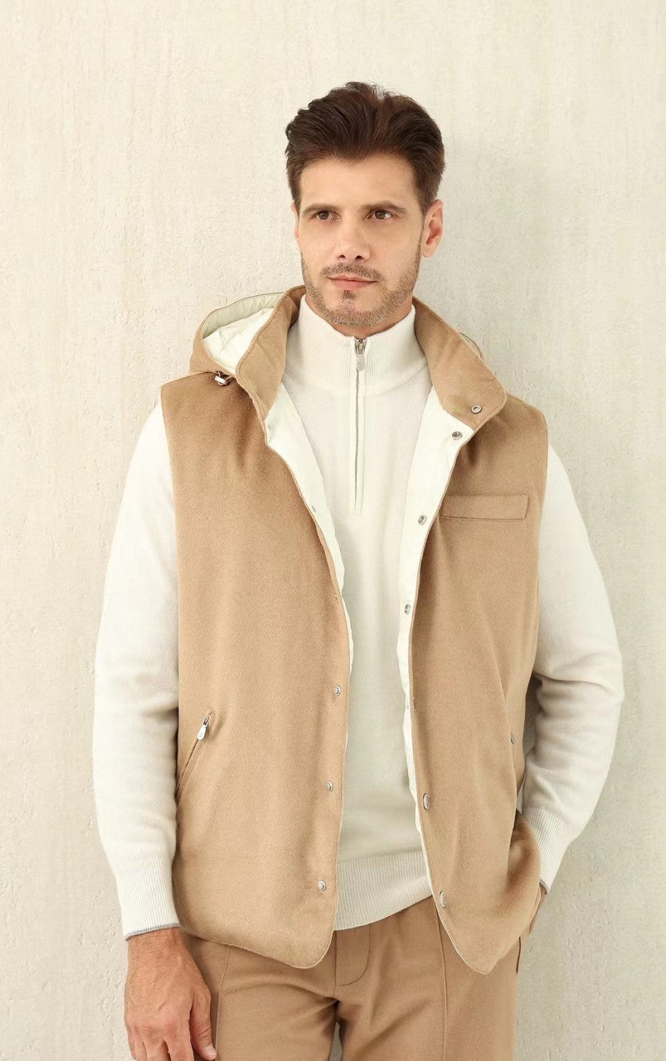 Brunello Cucinelli Men's Spring/Autumn Detachable Hooded Solid Color Single-Breasted Bonded Wool Flannel Down Vest Ngvp #2293